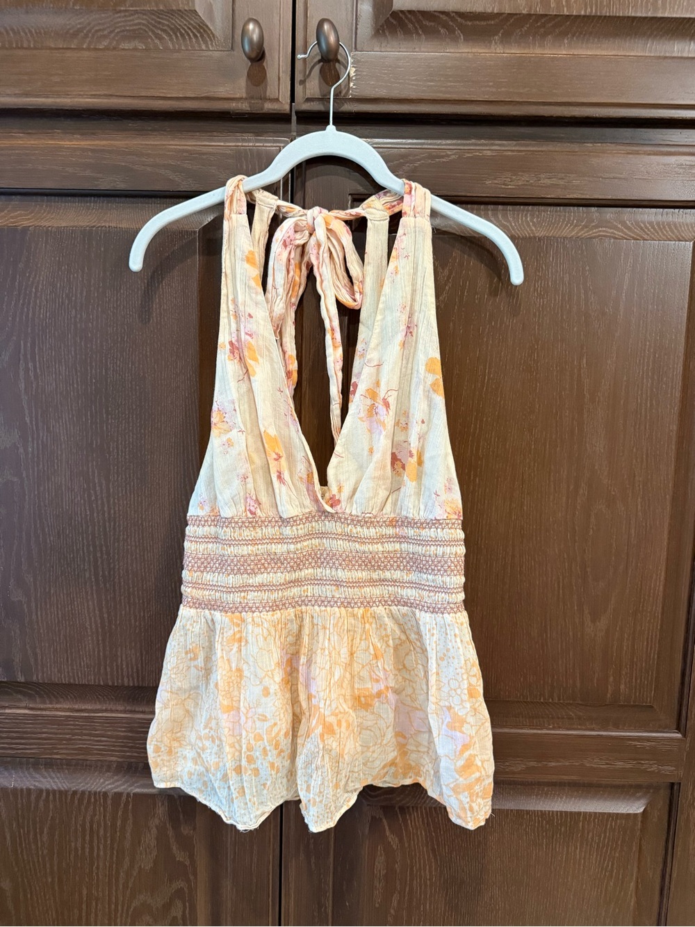 Free People Light Peach Floral Tie-Back Halter Top
